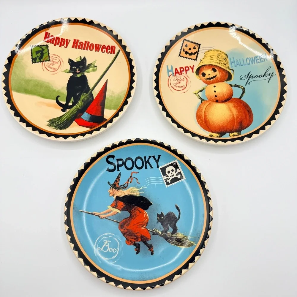 3 Halloween Ceramic Plates Retro Postcard Inspired Graphic 8